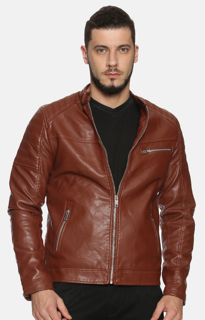 Men Brown Casual Solid Leather Jacket