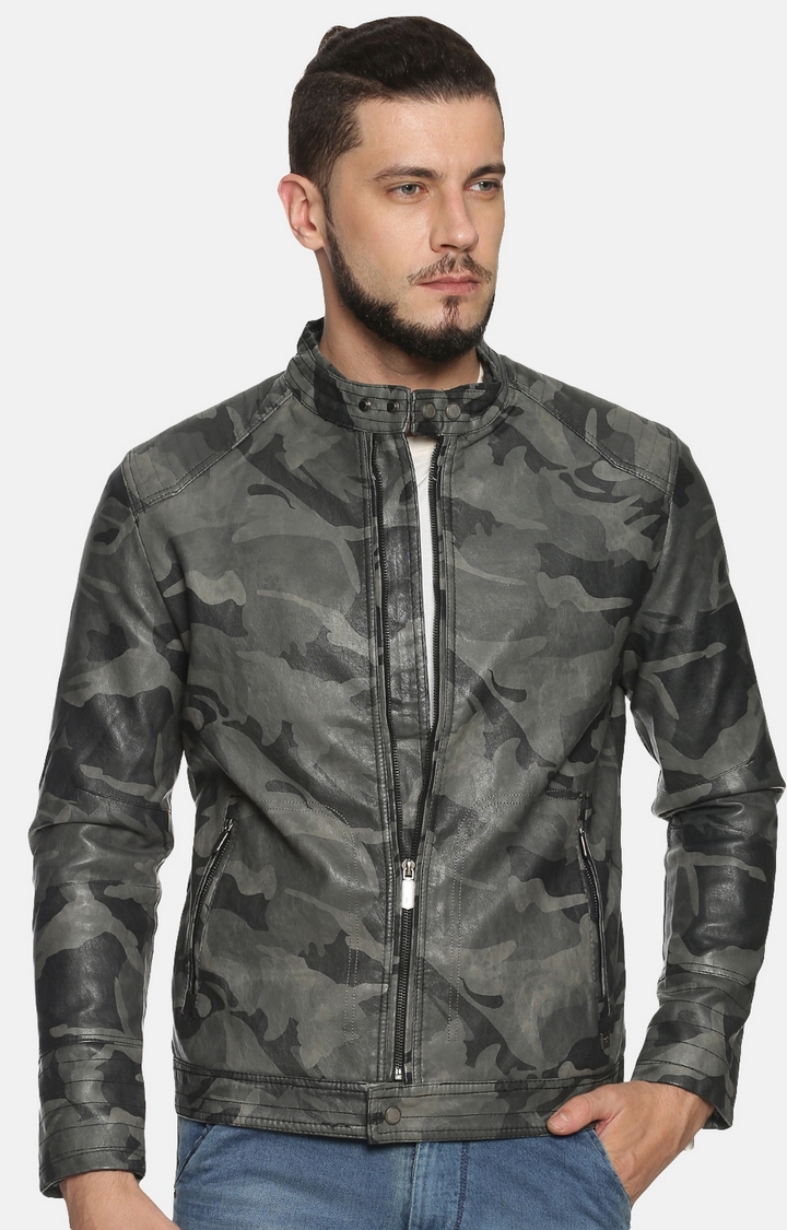 Men Grey Casual Camouflage Leather Jacket