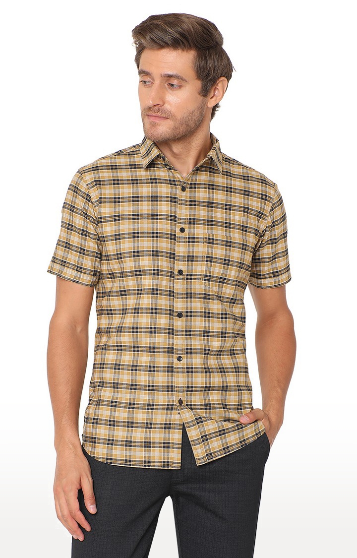 JBS-CH-881 HARVEST GOLD Men's Yellow Cotton Checked Semi Casual Shirts