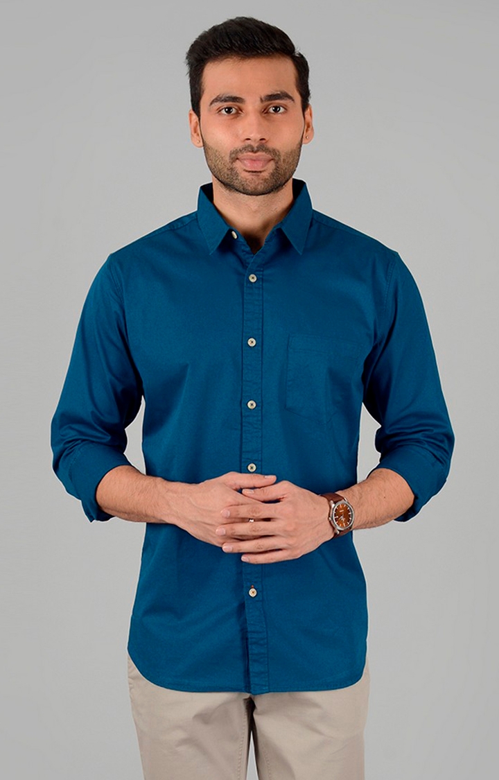 Men's Blue Lycra Solid Semi Casual Shirts