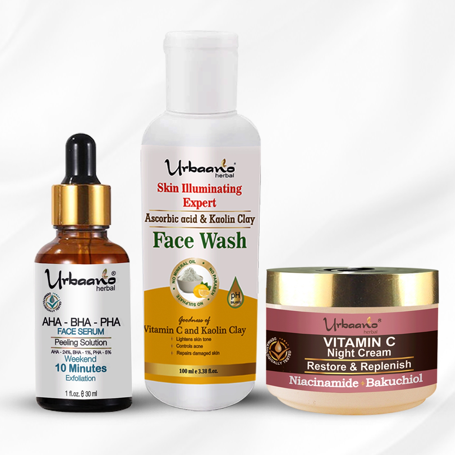 Urbaano Herbal Vitamin C Facial Kit - Glowing & Exfoliated Skin - AHA Peeling Serum, Vitamin C Night Cream & Face Wash-180gm