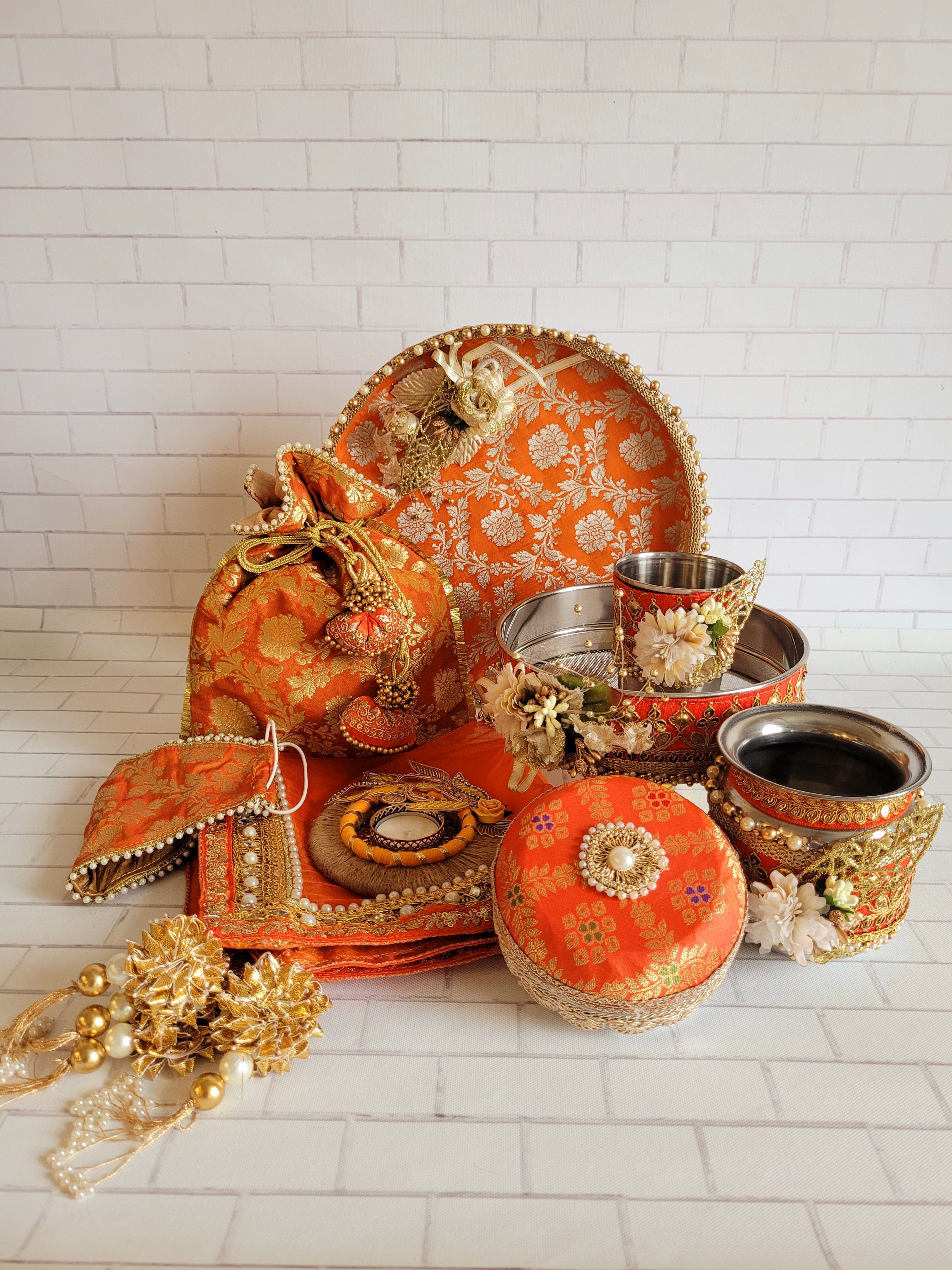 Orange & Gold Floral Brocade Karva Chauth Thali Set 