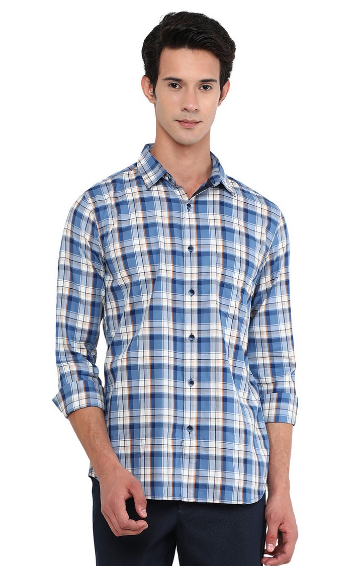 Men's Blue Cotton Checked Semi Casual Shirts