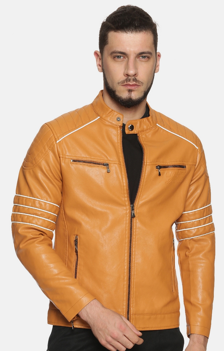Men Tan Casual Solid Leather Jacket