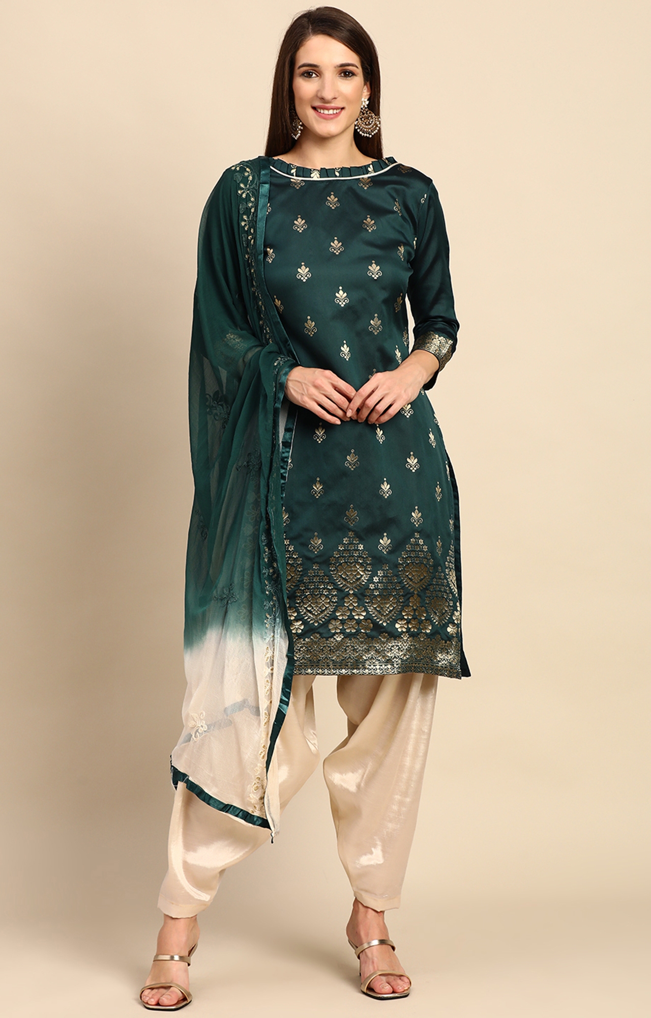 SHAILY RETAILS | Shaily Women Dark Green Color Jacquard Woven Design Unstitched Dress Material-VF_SAGUN_DGRN_DM