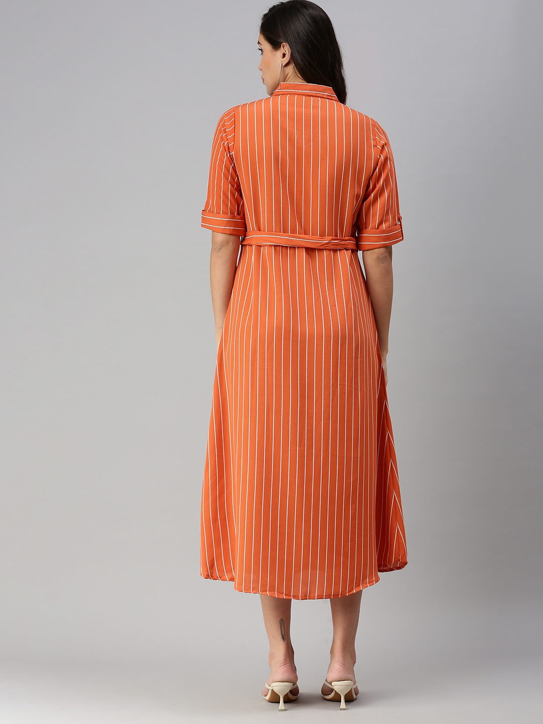 Women's Orange Viscose Striped Dresses