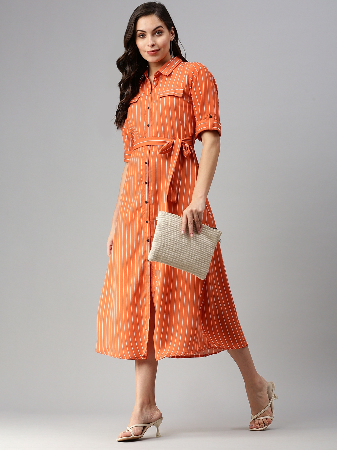 Women's Orange Viscose Striped Dresses