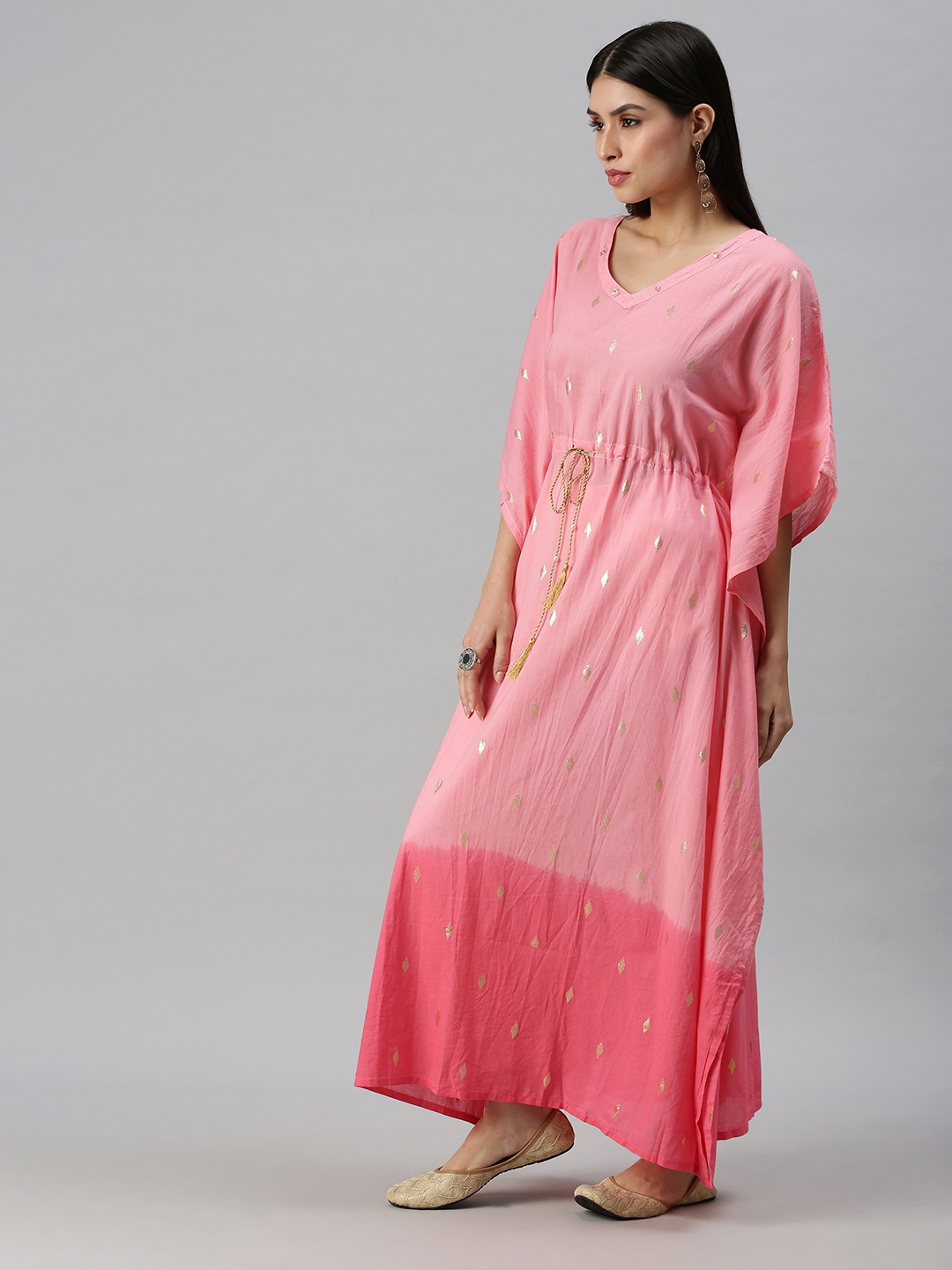 Showoff Women Cotton Blend Pink Printed Woven Design Kaftan Kurta