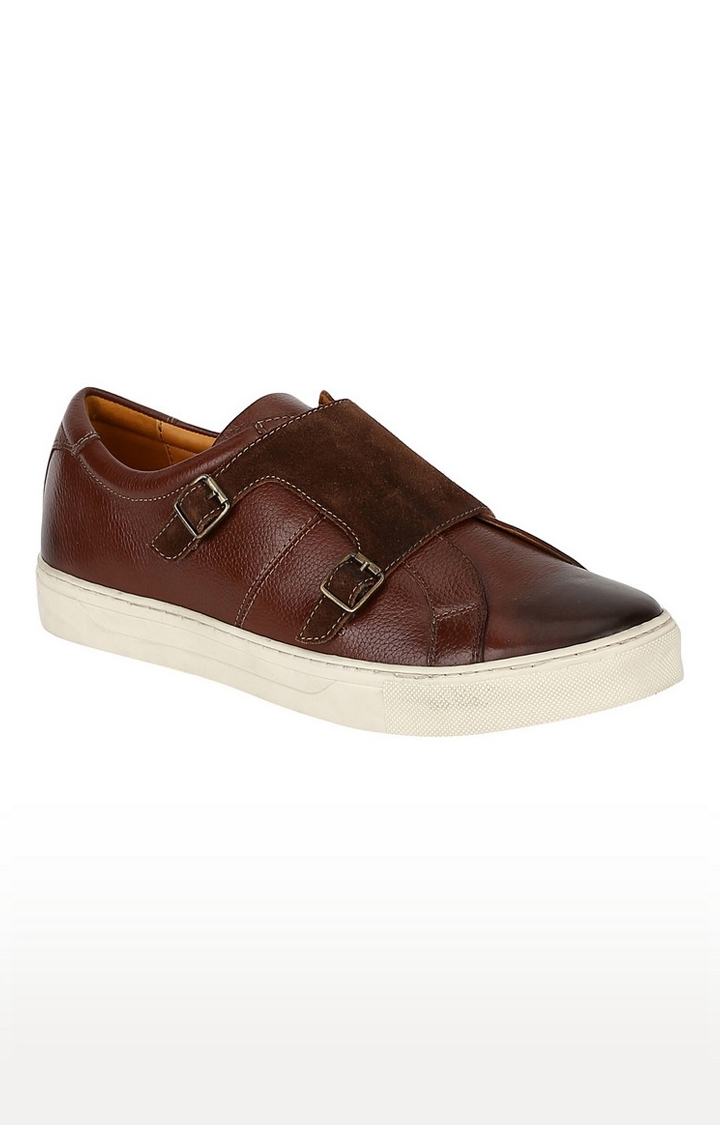 DEL MONDO | Del Mondo Genuine Leather Brown & Red Brown Colour Casuals Sneaker Double Monk Buckle Shoe For Mens