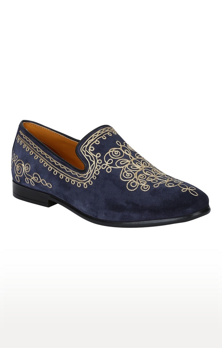 DEL MONDO | Del Mondo Genuine Leather Black & Blue Colour Embroidery Loafer Shoe For Mens