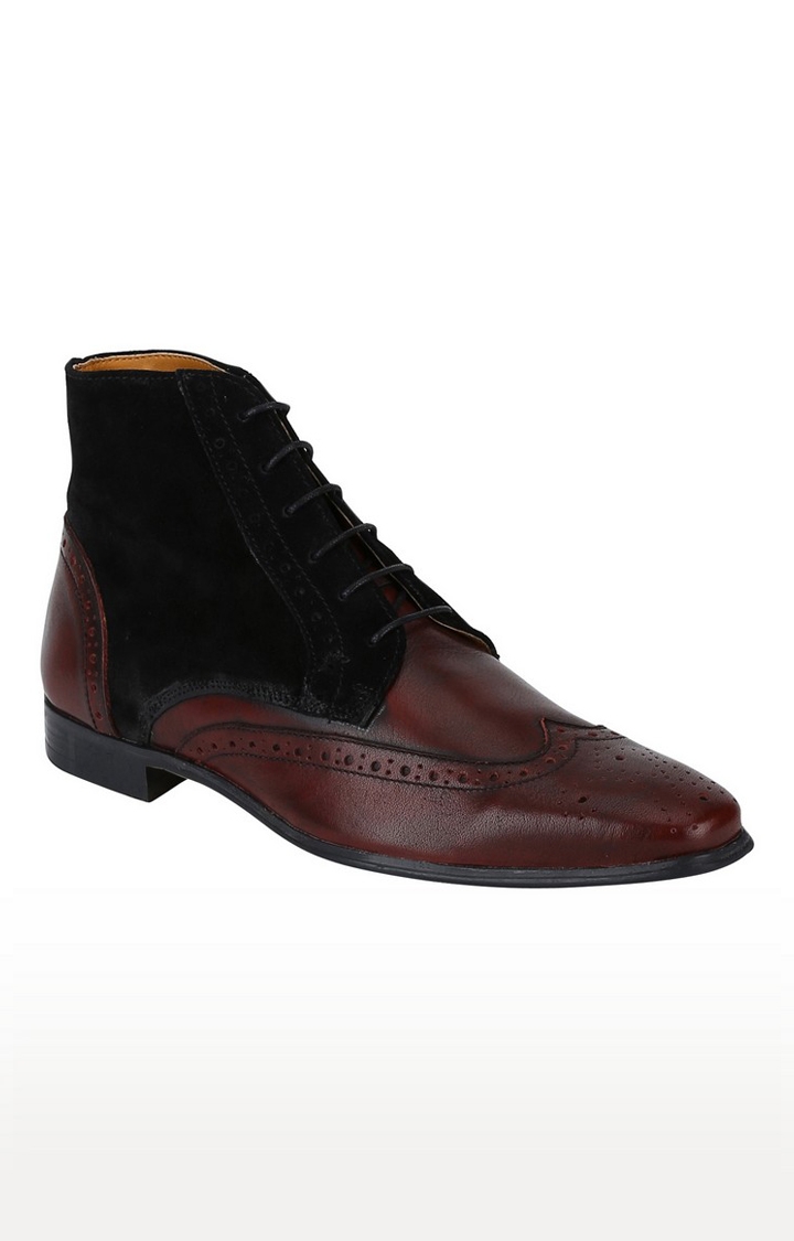 DEL MONDO | Del Mondo Genuine Leather Bordo & Black Colour Lace Up Boots For Mens