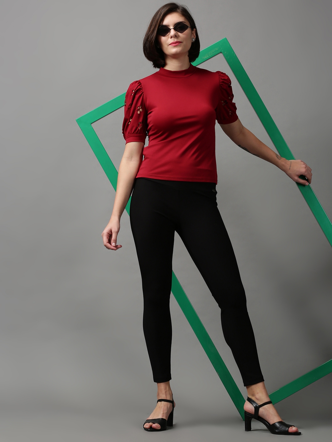 Women's Red Polyester Solid Tops