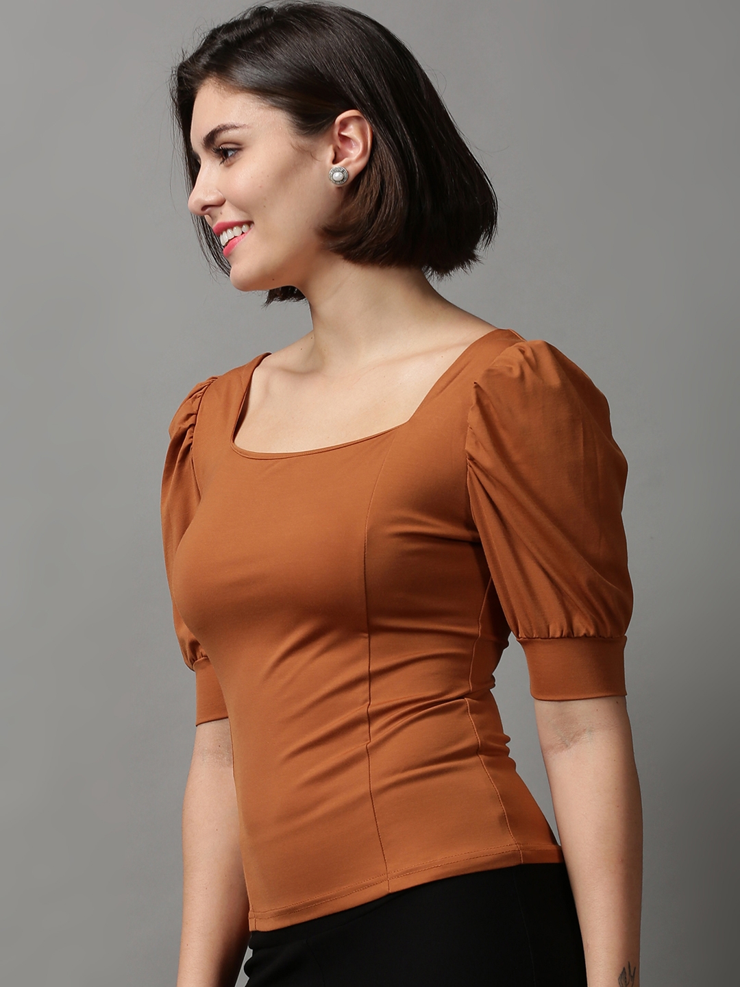 Women's Brown Polyester Solid Tops
