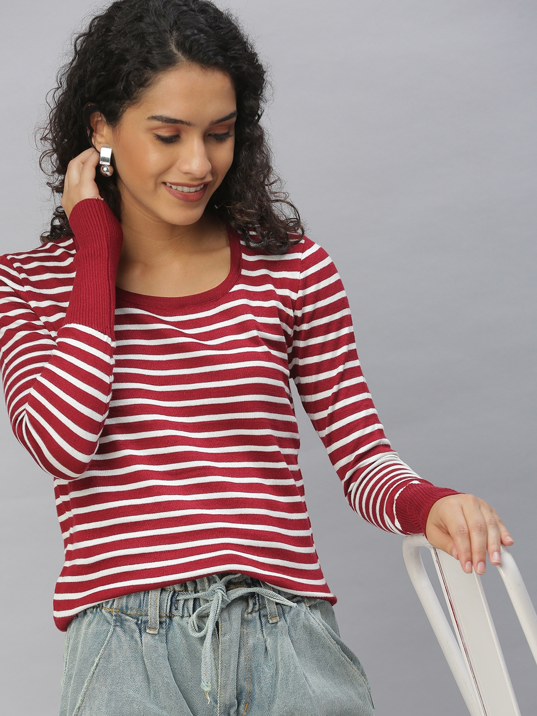 Women's Red Acrylic Striped Tops
