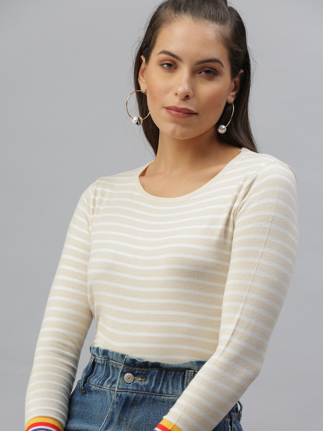 Women's Beige Cotton Blend Striped Tops