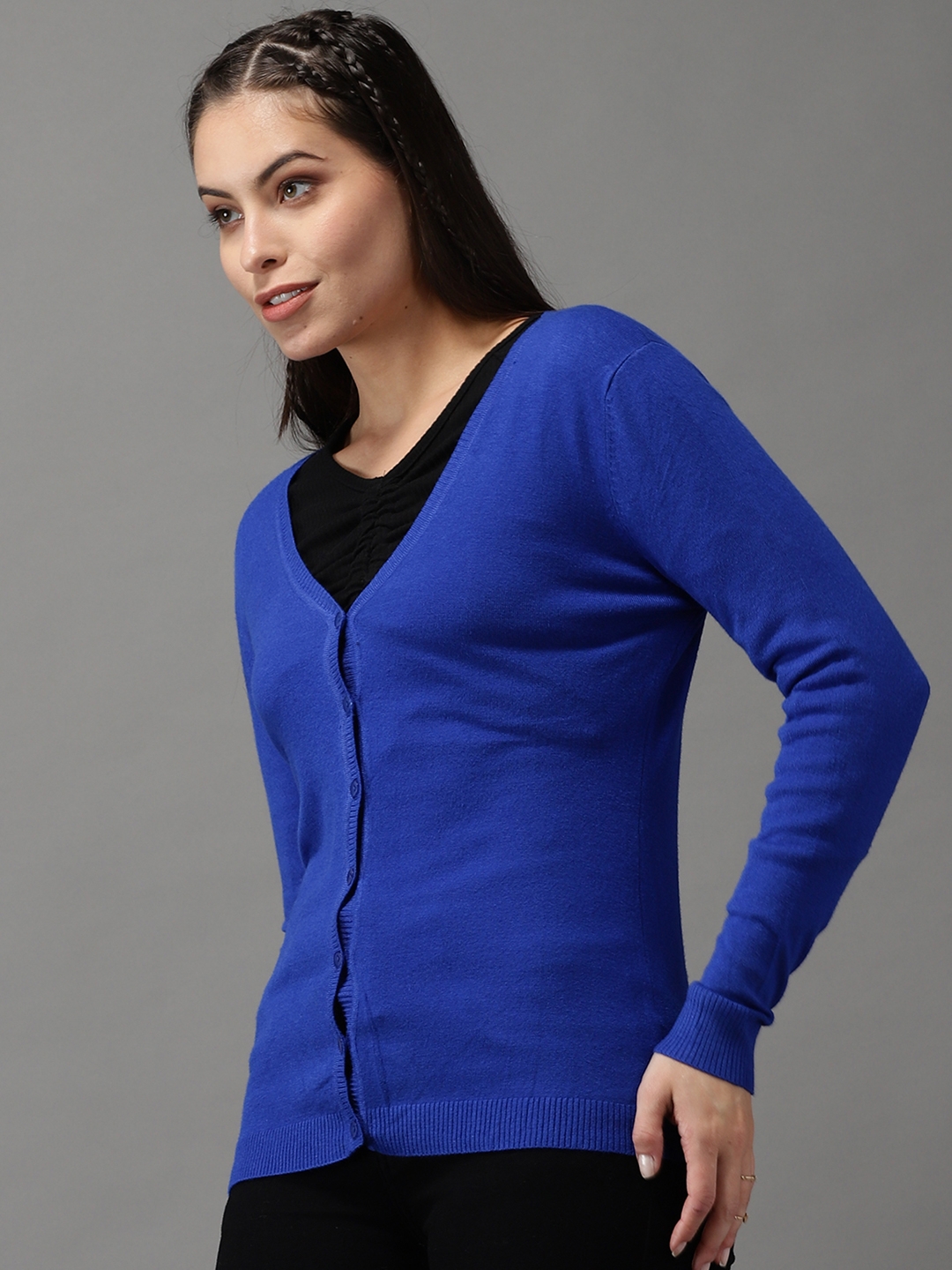 Women's Blue Acrylic Solid Sweaters