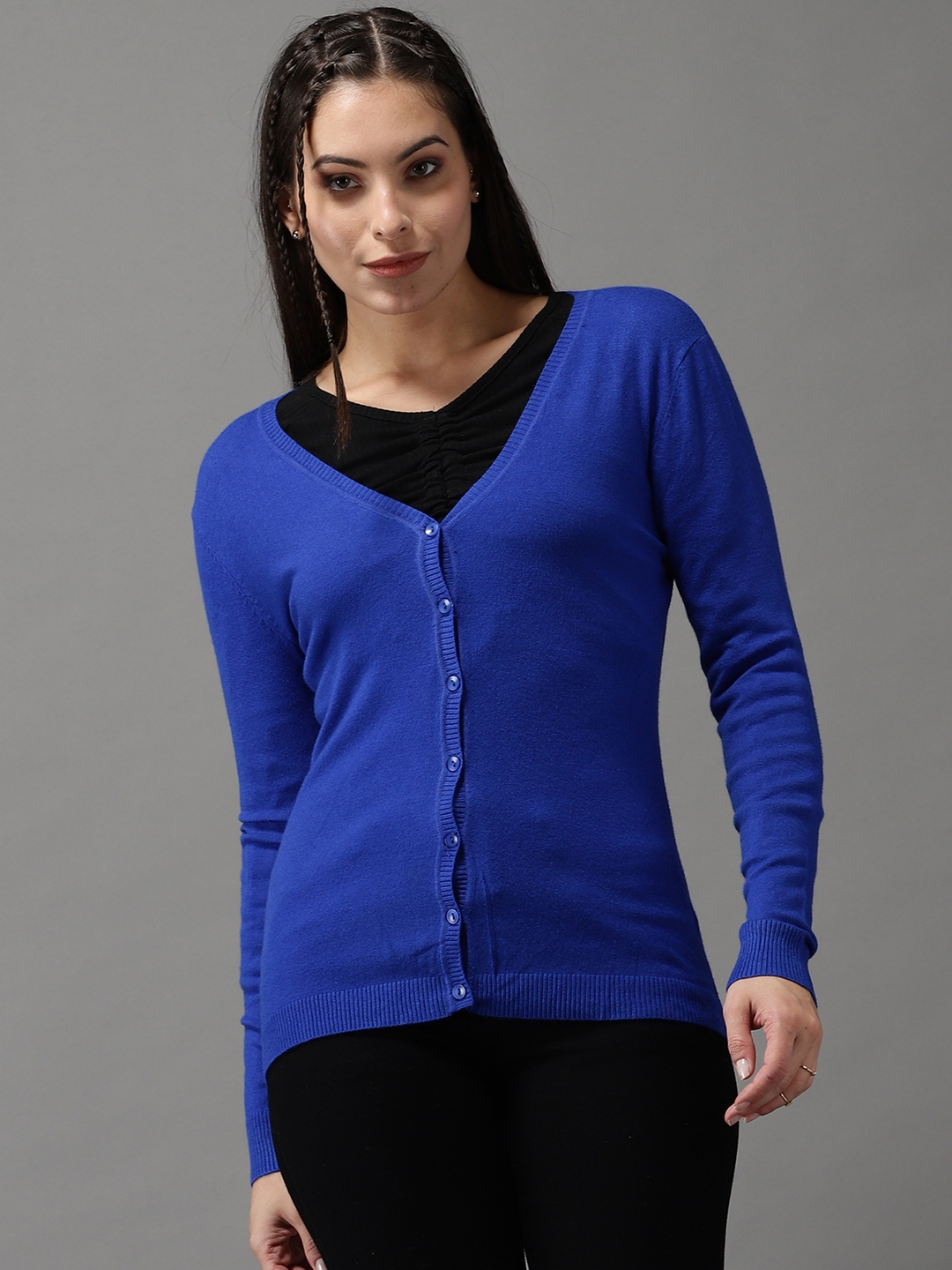 SHOWOFF Women's Long Sleeves Regular Blue Solid Front-Open