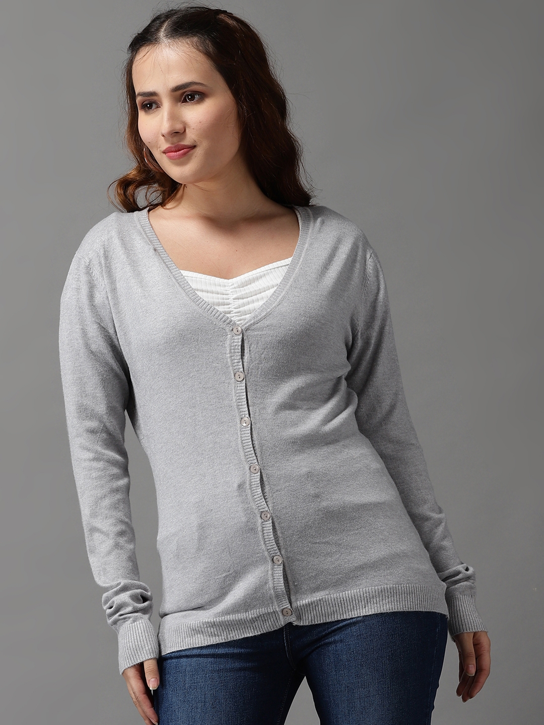 SHOWOFF Women's Long Sleeves Regular Grey Solid Front-Open