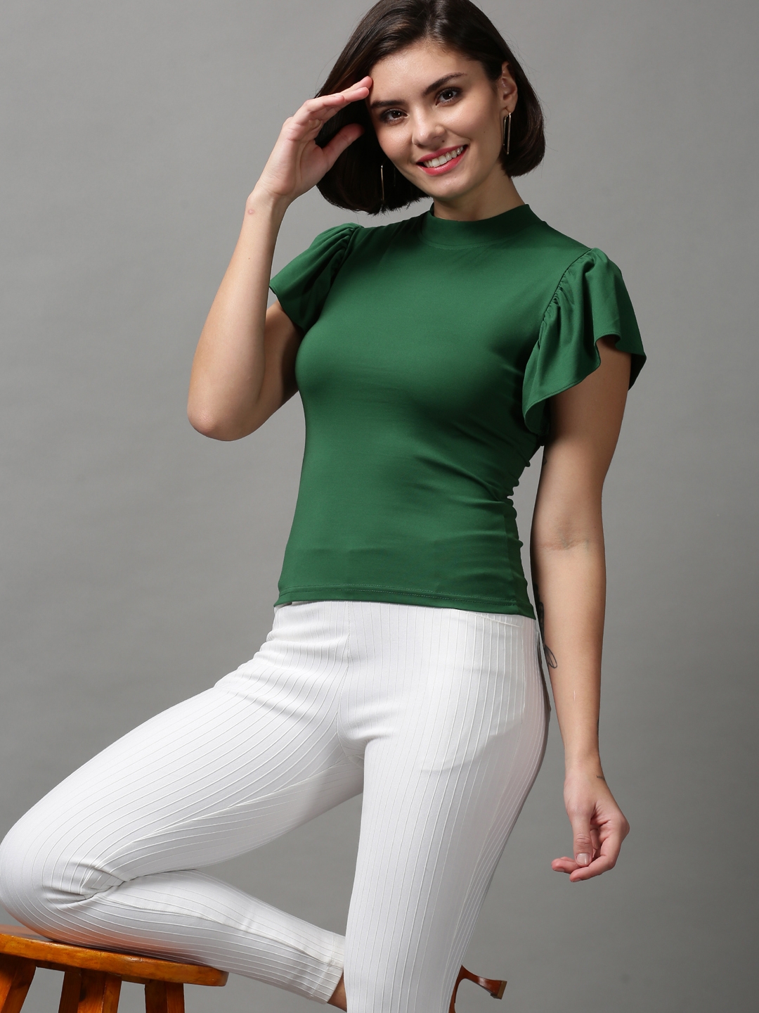 SHOWOFF Women's High Neck Green Fitted Regular Top