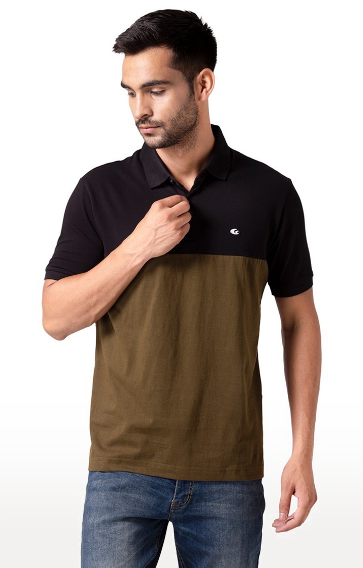 Allen Cooper Black and Olive Colourblock Polo T-Shirts For Men