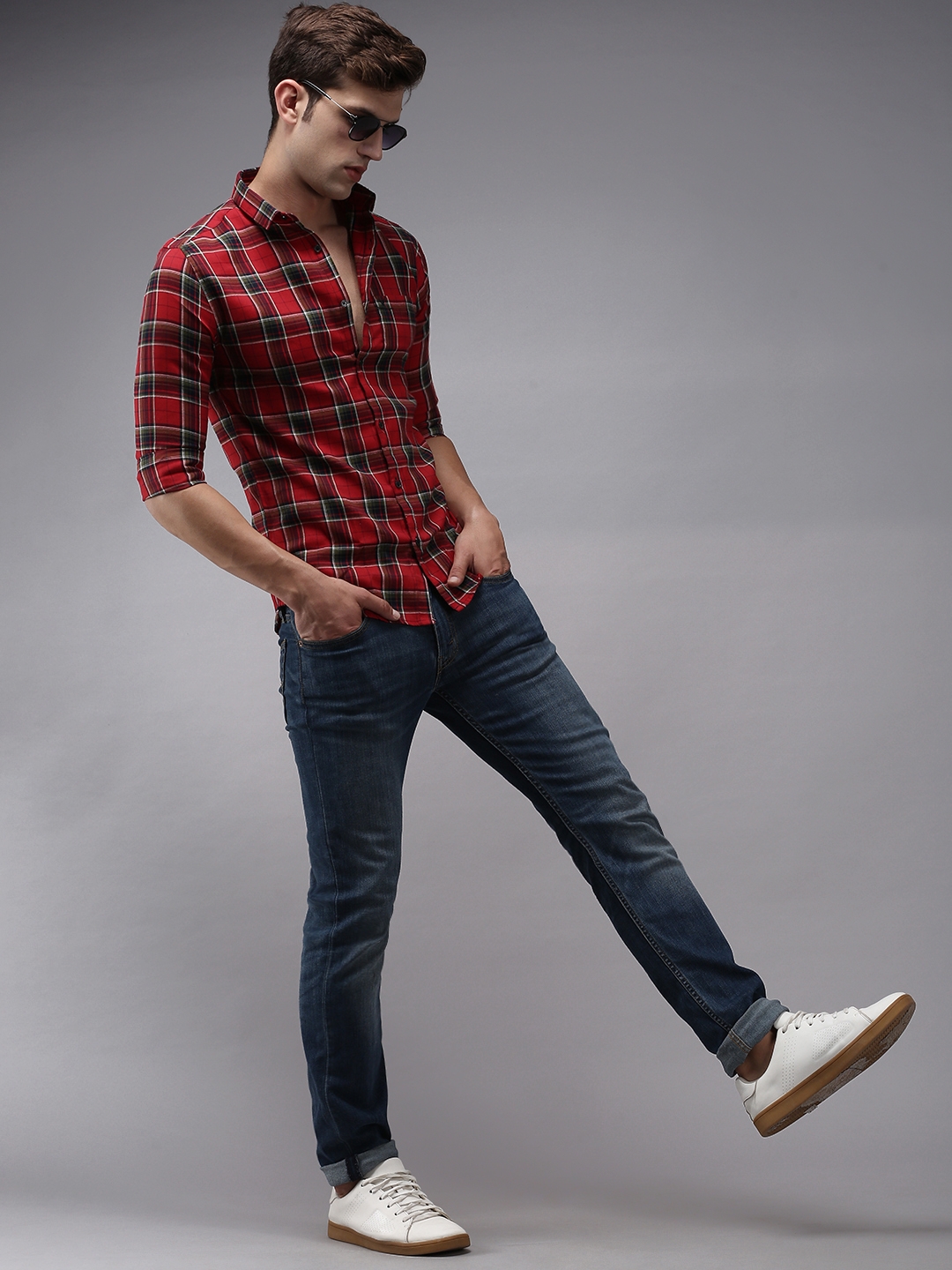 Men's Red Cotton Checked Casual Shirts