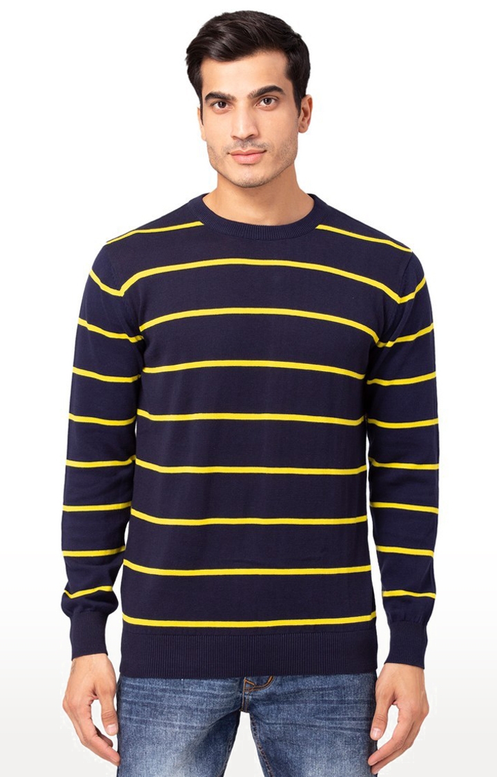 Allen Cooper | Allen Cooper Blue Striped Round Neck Sweater