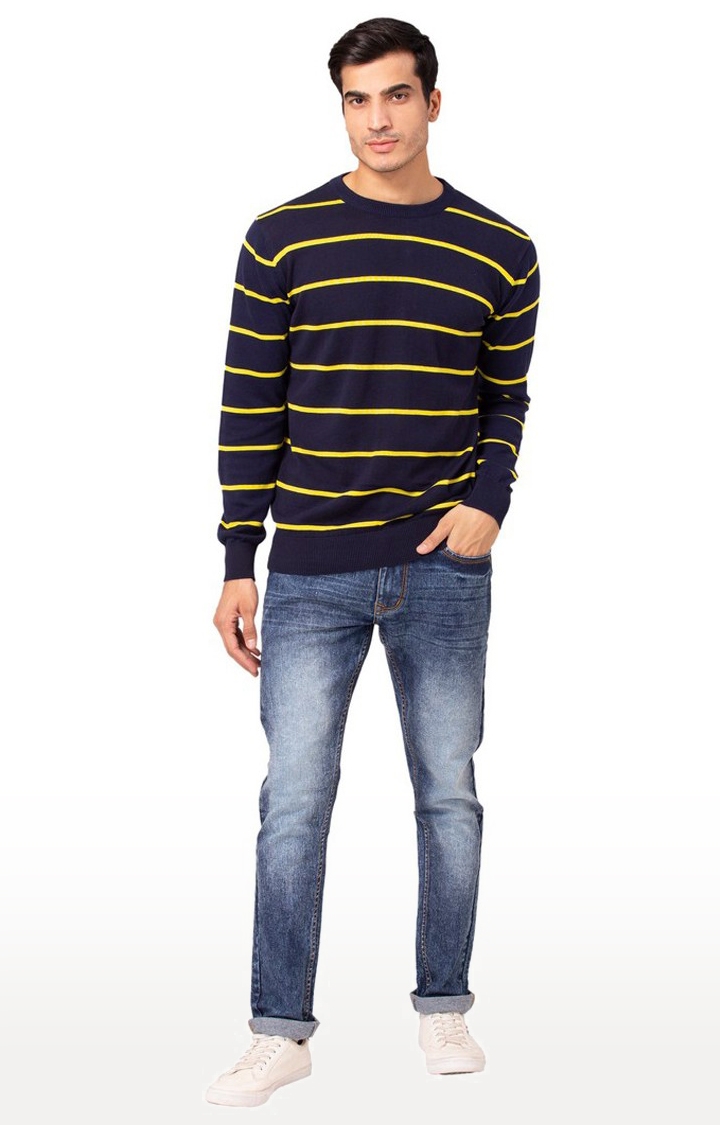 Allen Cooper Blue Striped Round Neck Sweater