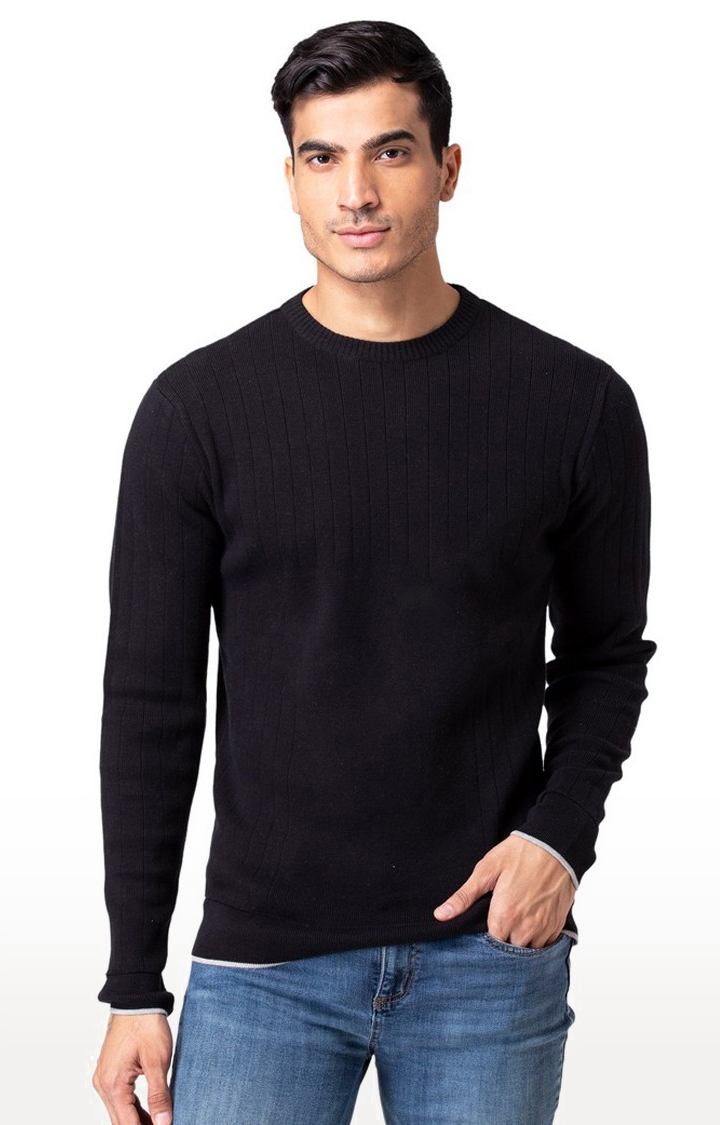 Allen Cooper | Allen Cooper Black Solid Round Neck Sweater