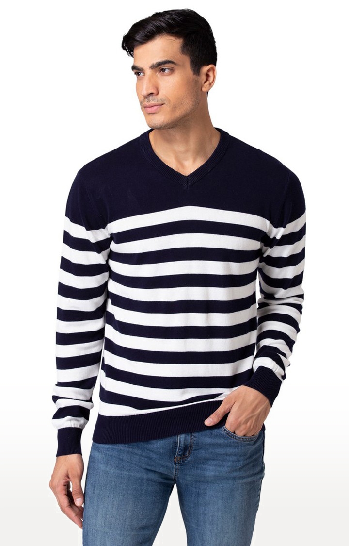 Allen Cooper | Allen Cooper Navy Blue Striped V-Neck Sweater