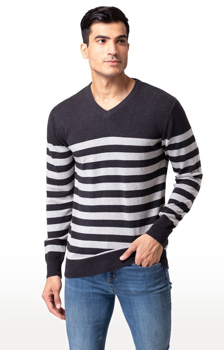 Allen Cooper | Allen Cooper Black Striped V-Neck Sweater