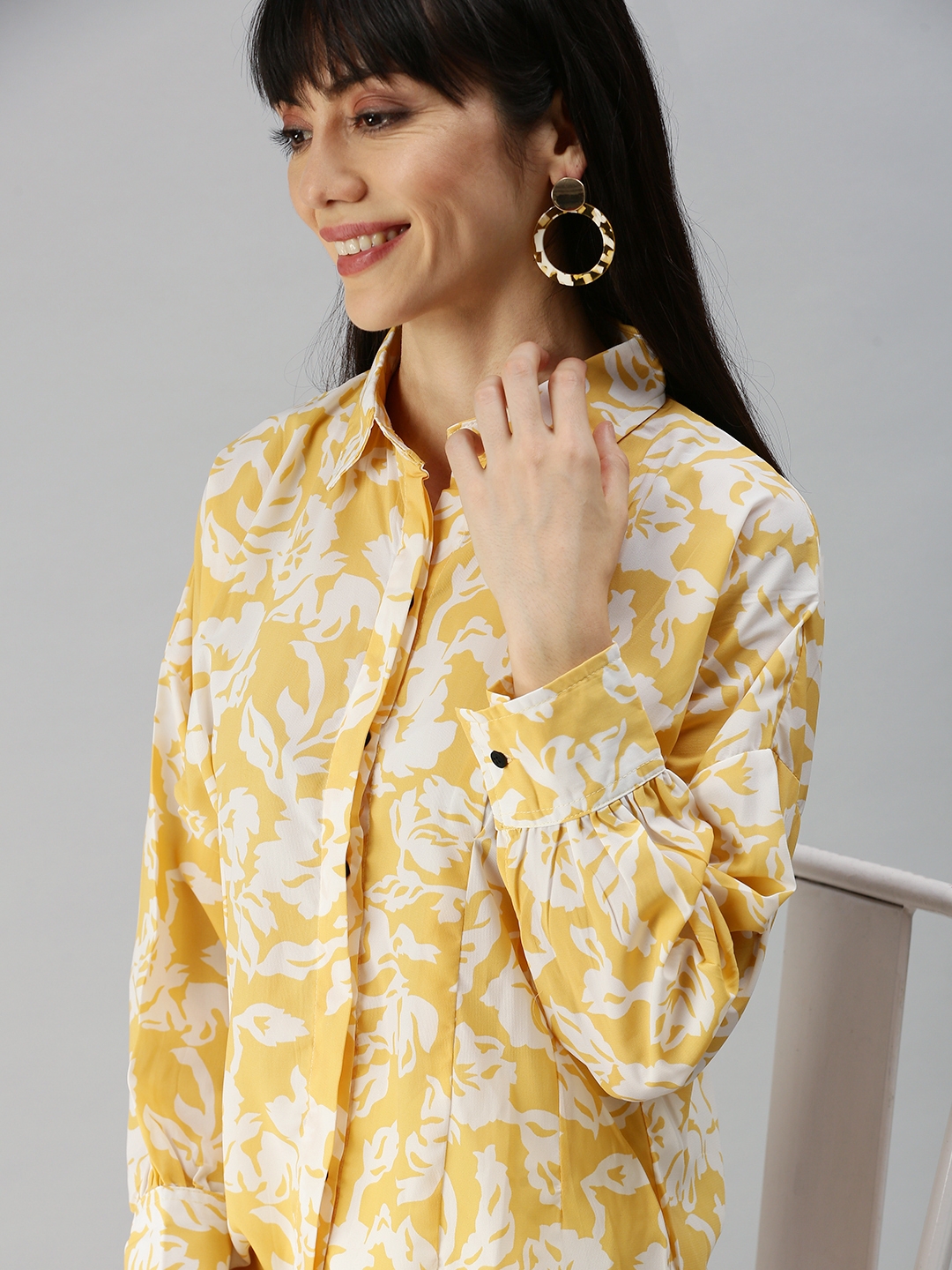 SHOWOFF Women's Slim Fit Kimono Sleeves Yellow Abstract Shirt