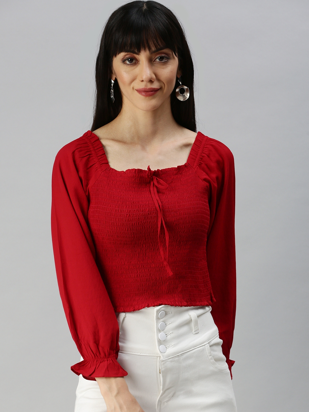 SHOWOFF Women's Square Neck Solid Red Crop Top
