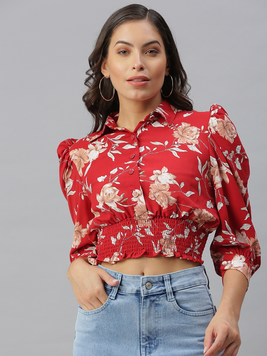 Women's Red Cotton Blend Printed Tops