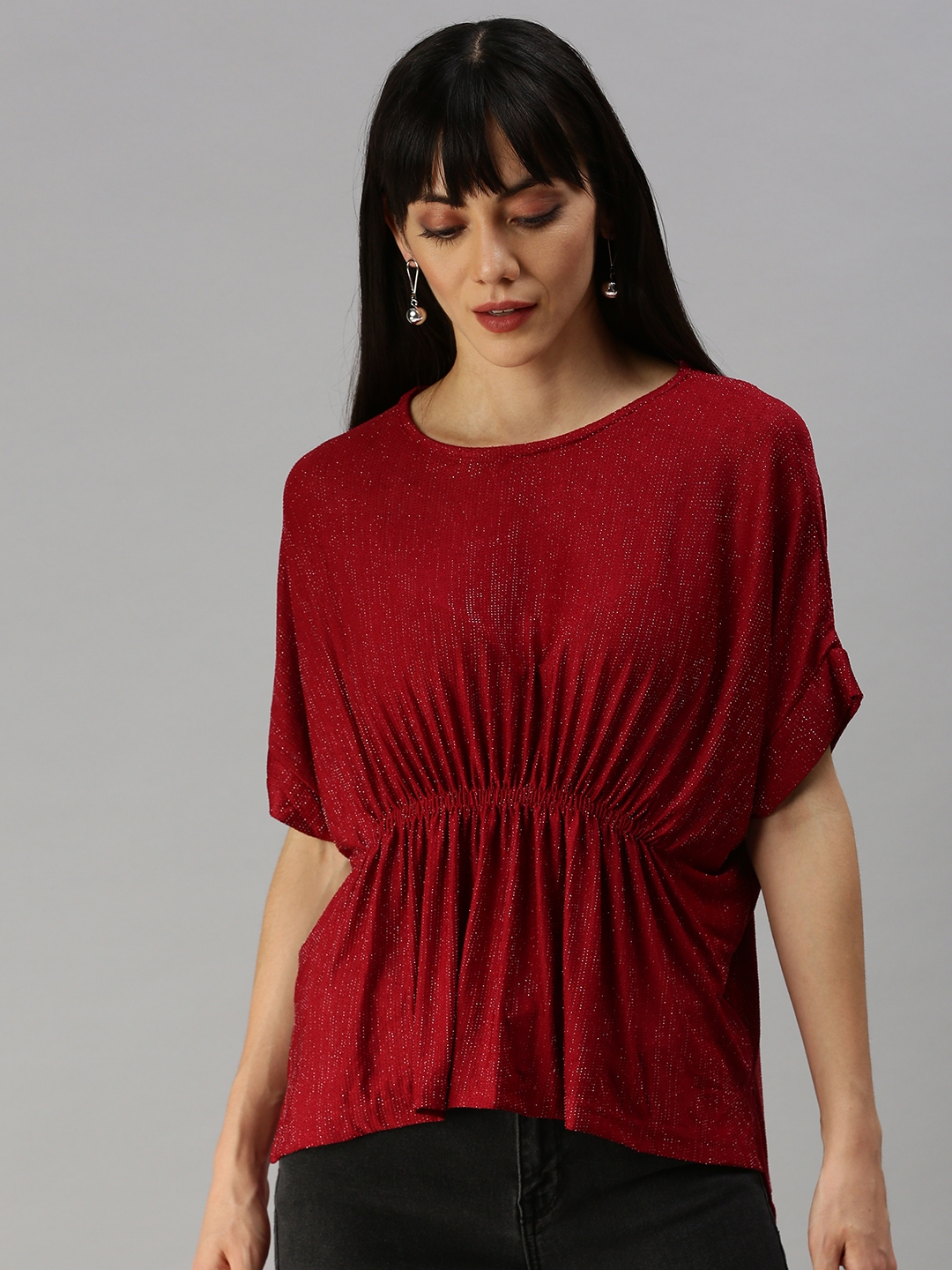 Women's Red Polyester Embellished Tops
