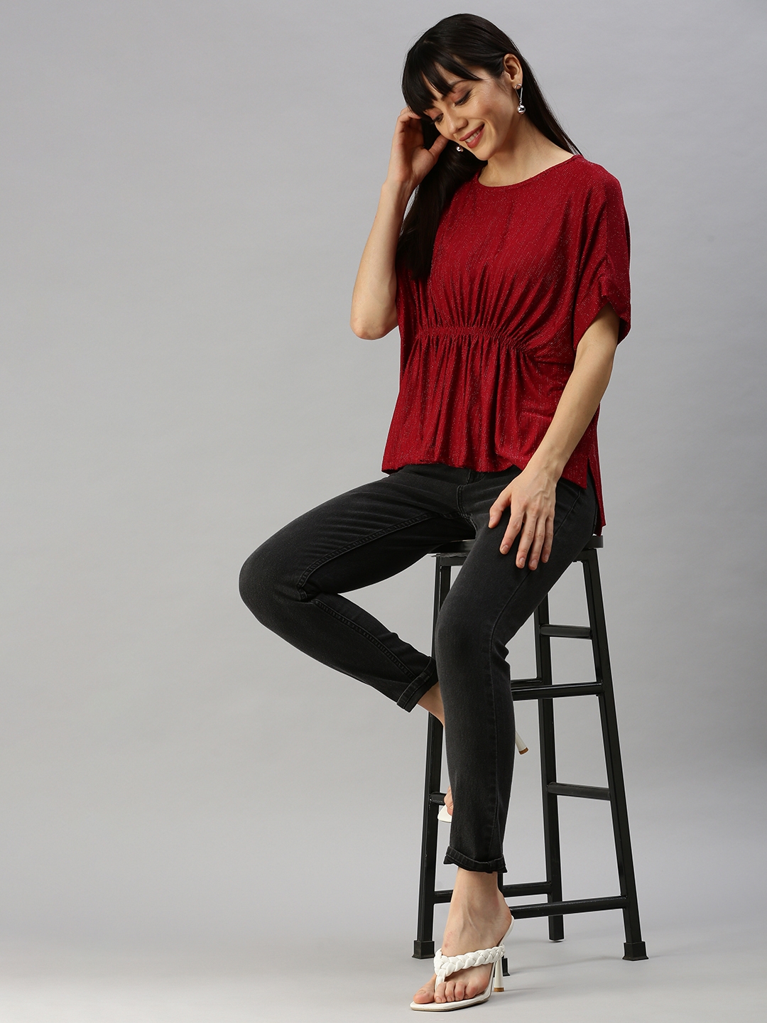 Women's Red Polyester Embellished Tops