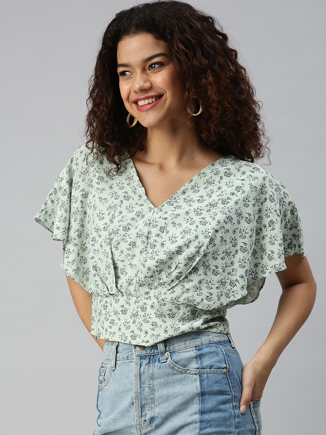 Women's Green Polyester Printed Tops