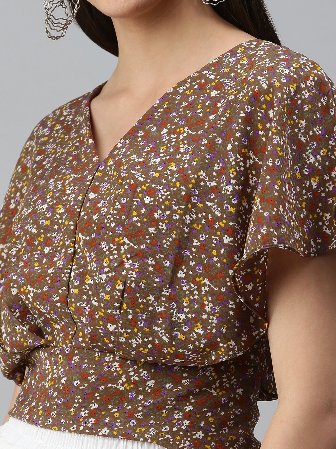 Women's Brown Polyester Floral Tops