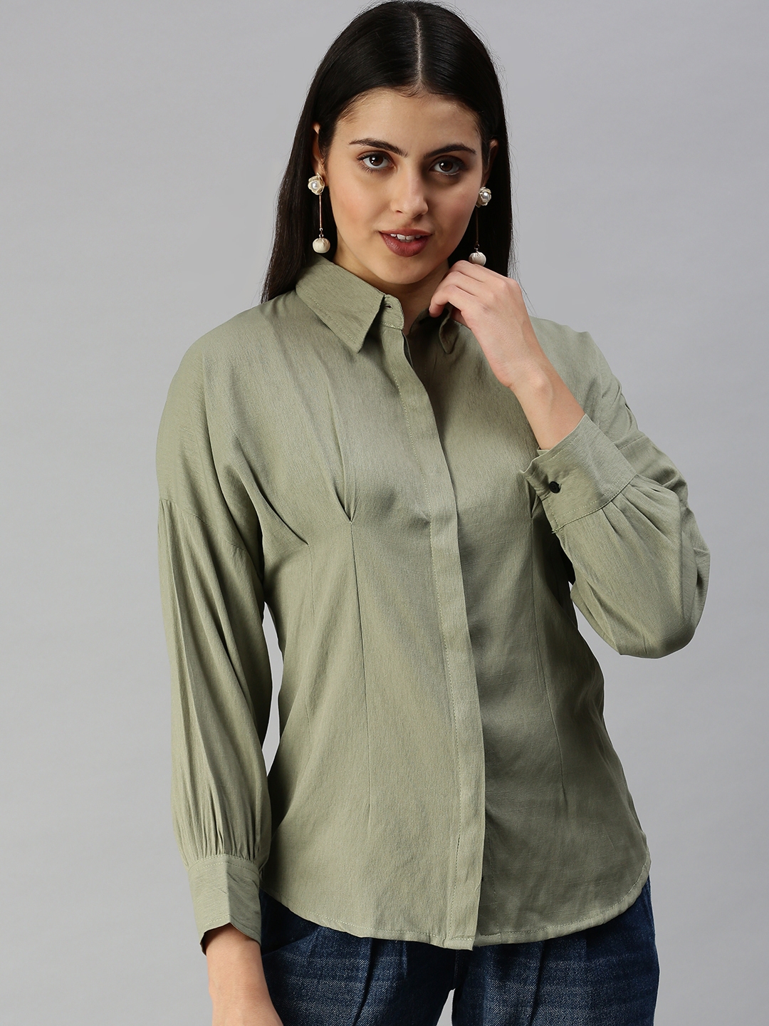 SHOWOFF Women's Slim Fit Kimono Sleeves Olive Solid Shirt