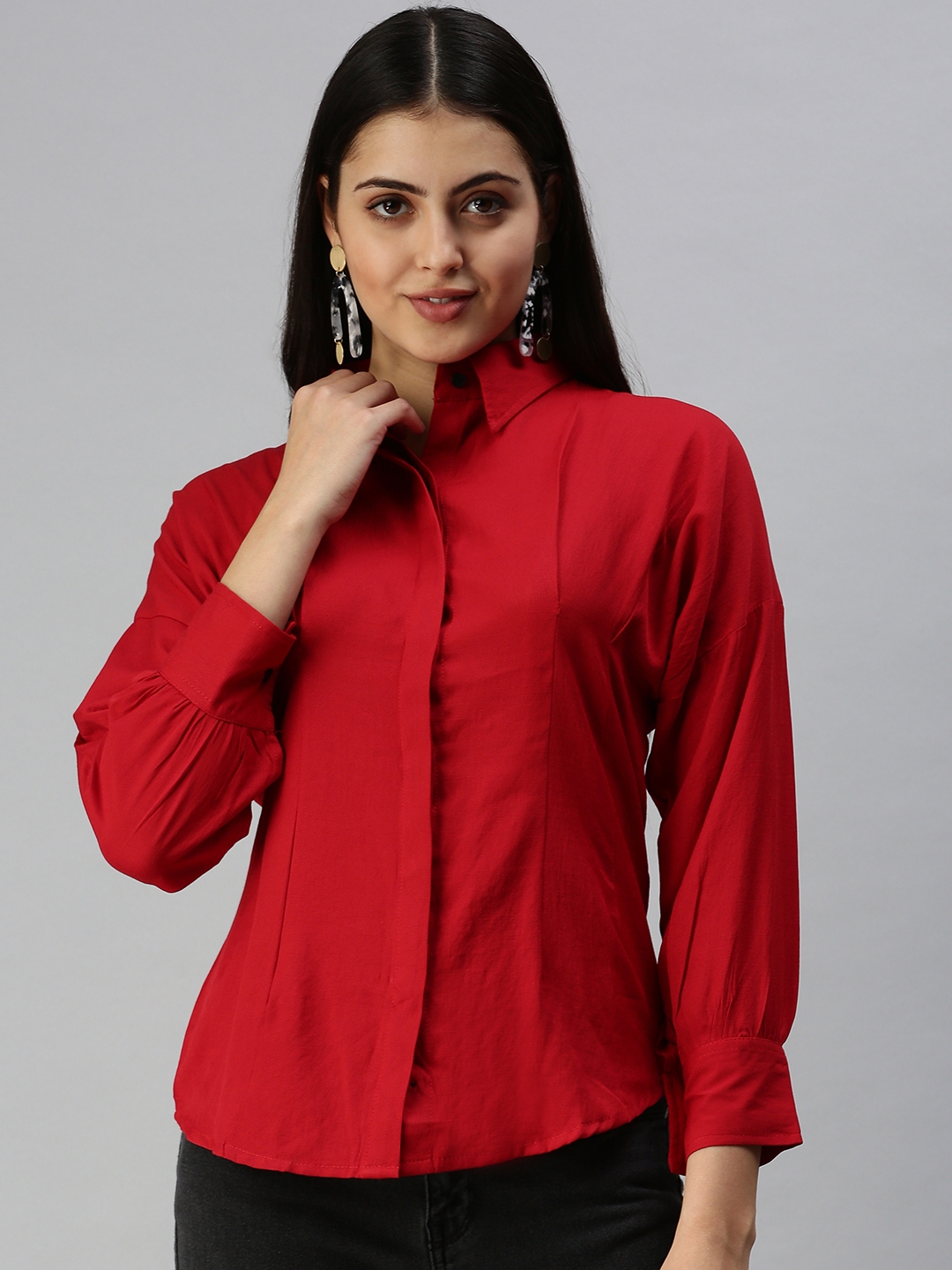 Showoff | SHOWOFF Women's Slim Fit Kimono Sleeves Red Solid Shirt