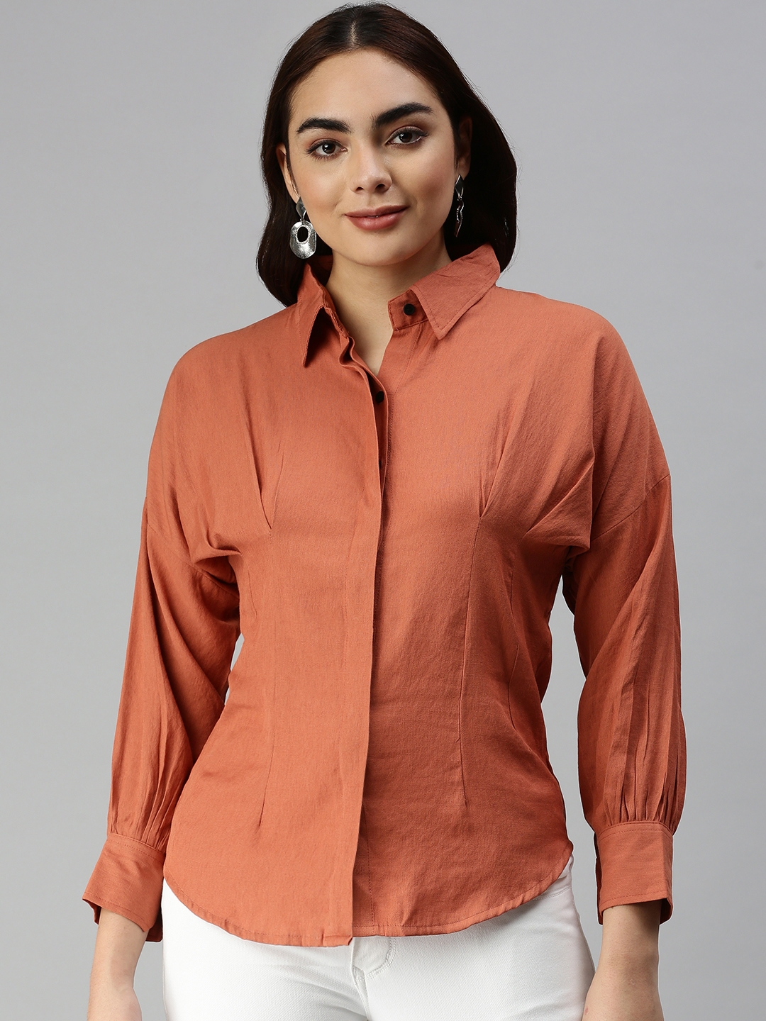 Showoff | SHOWOFF Women's Slim Fit Kimono Sleeves Rust Solid Shirt