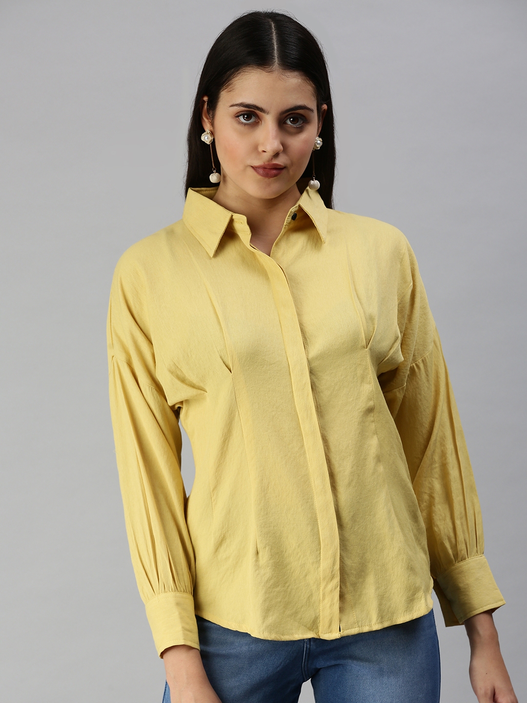 SHOWOFF Women's Slim Fit Kimono Sleeves Yellow Solid Shirt