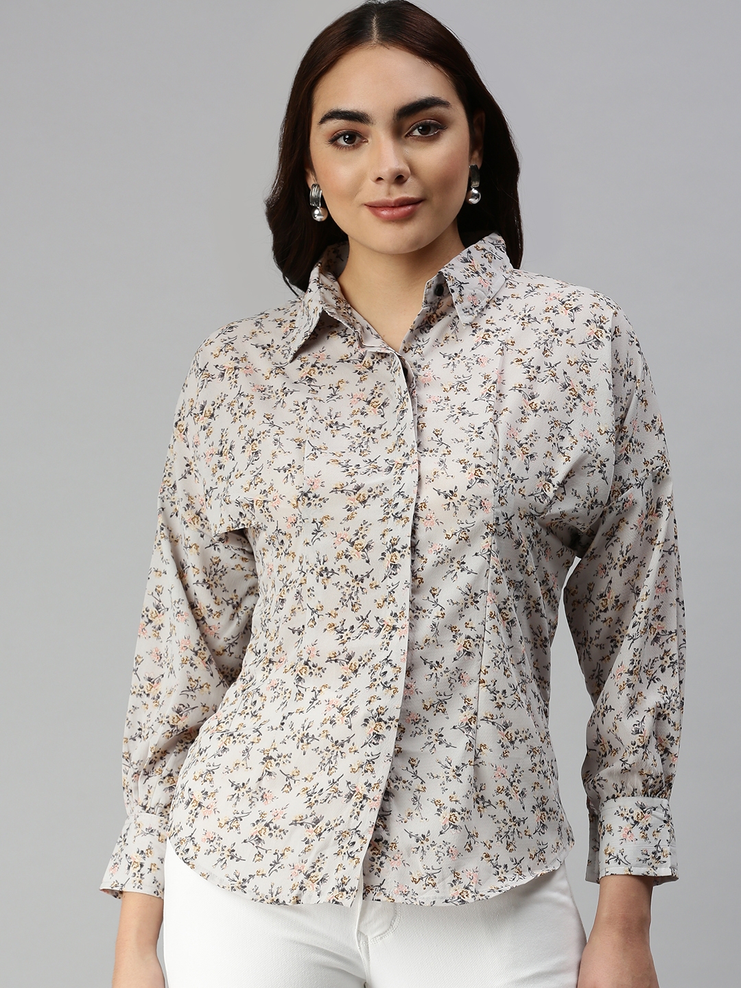 Women's Grey Chiffon Printed Casual Shirts
