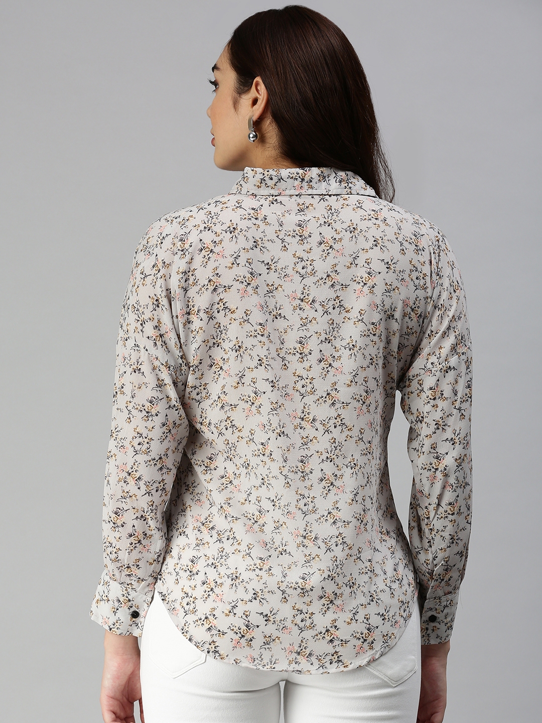 Women's Grey Chiffon Printed Casual Shirts