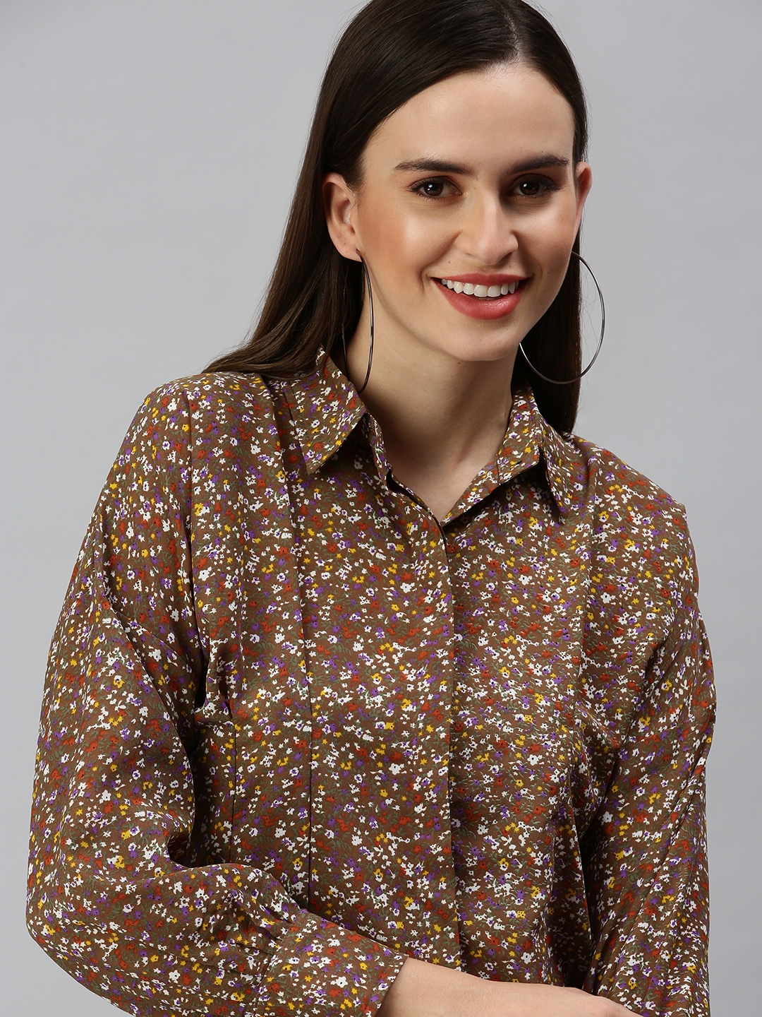SHOWOFF Women's Slim Fit Roll-Up Sleeves Brown Floral Shirt