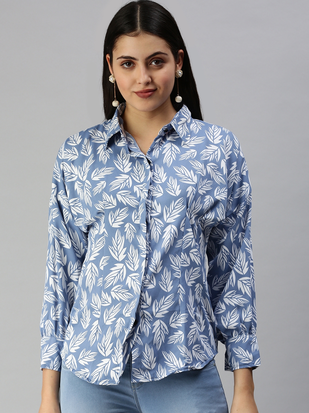 Women's Blue Polyester Printed Casual Shirts