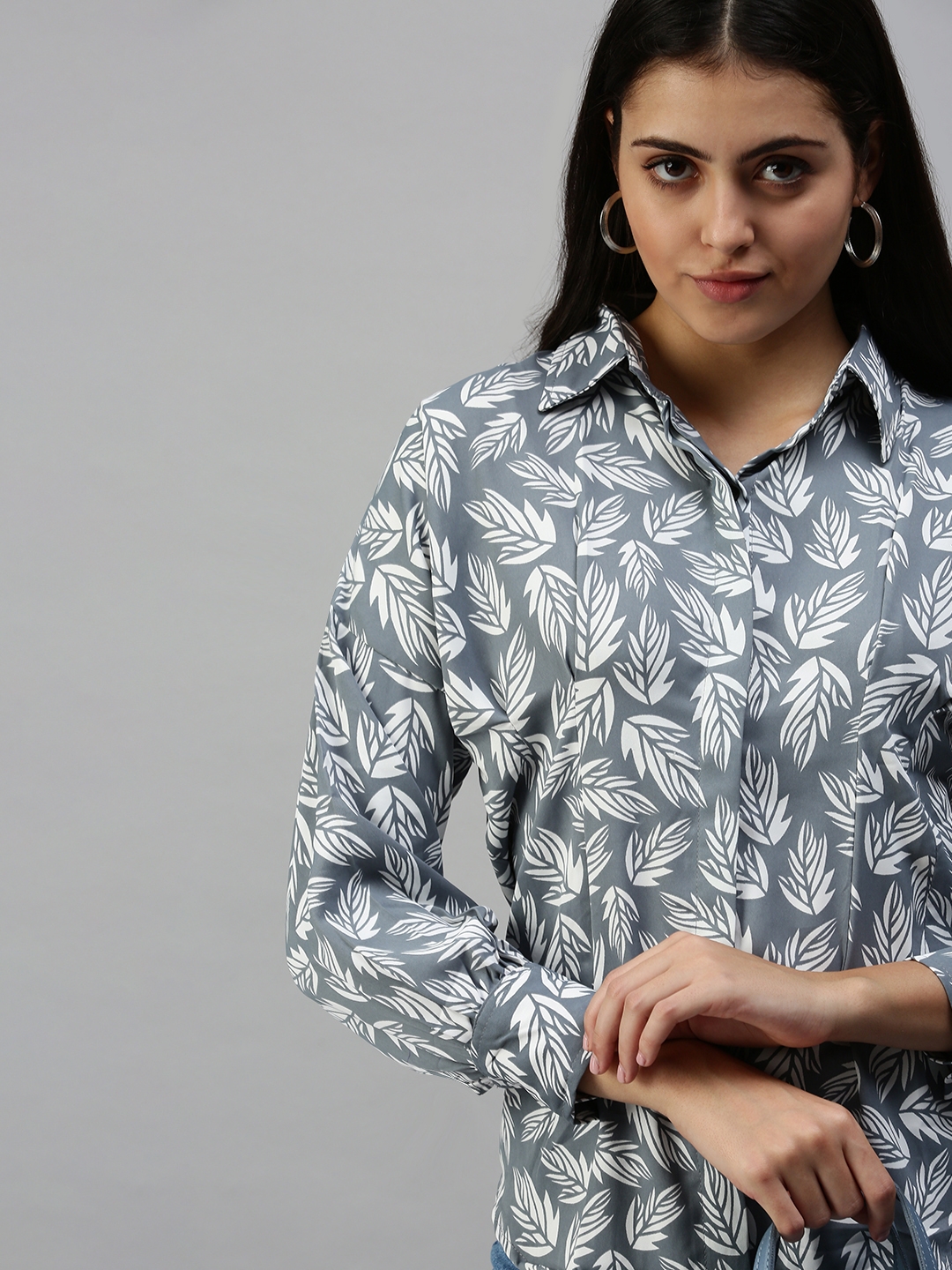 Women's Grey Polyester Printed Casual Shirts