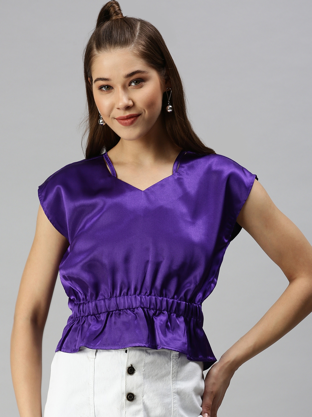SHOWOFF Women's Short Sleeves Sweetheart Neck Violet Tropical Top