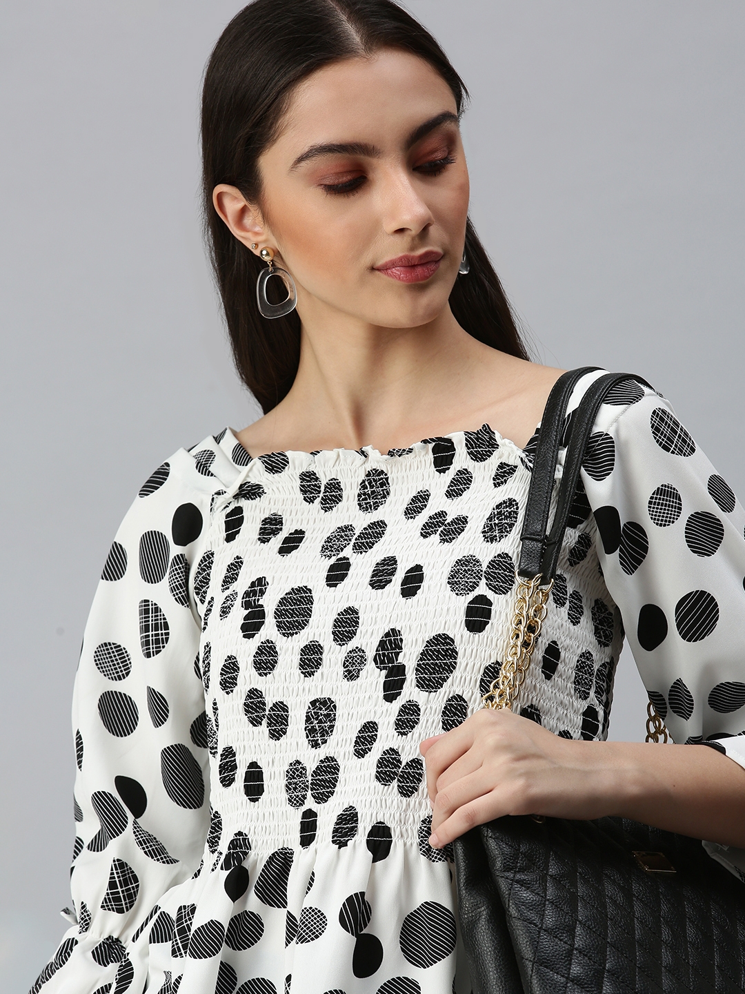 Women's White Polyester Geometrical Tops