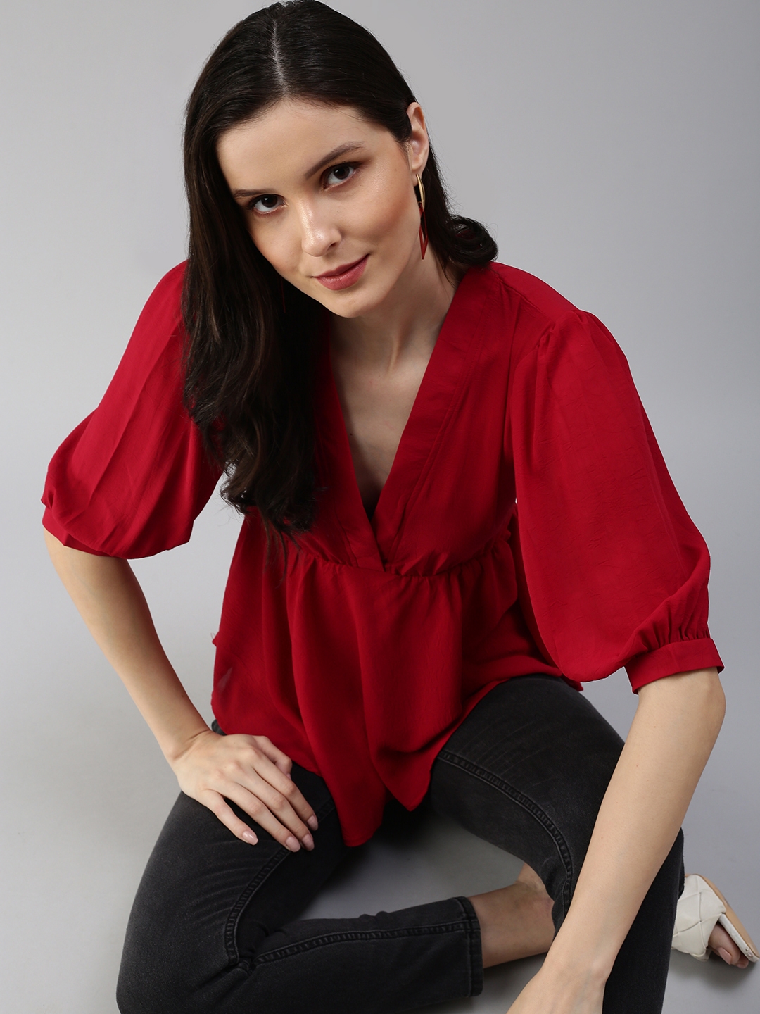 SHOWOFF Women's Solid Peplum Red V-Neck Top