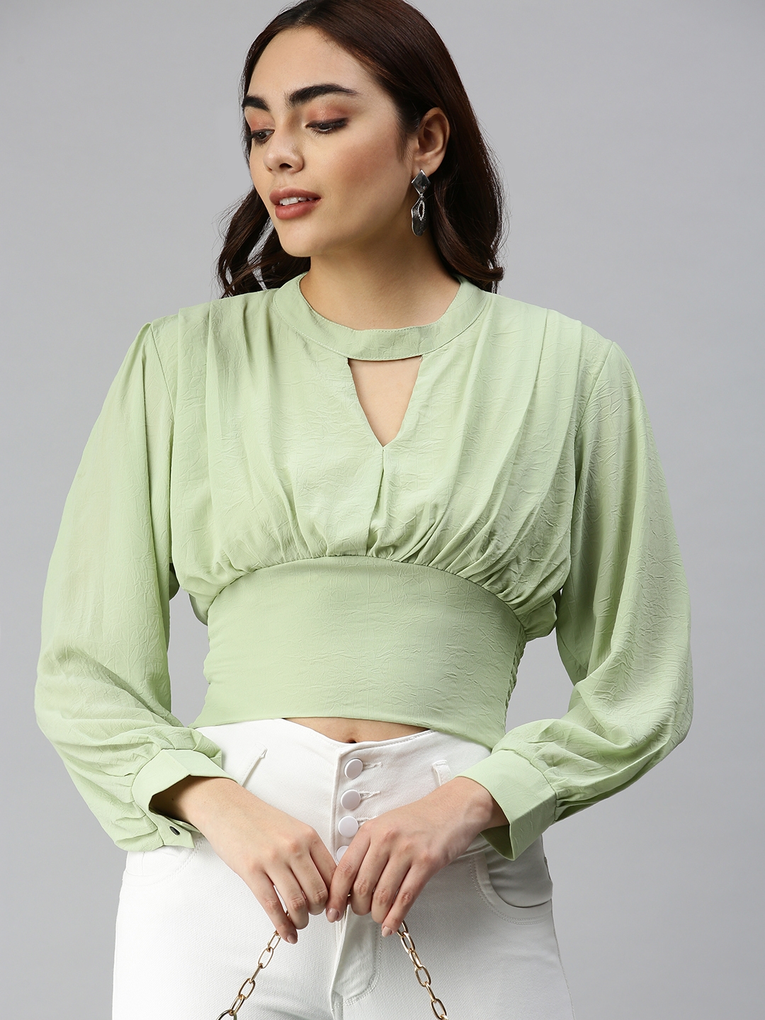Showoff | SHOWOFF Women's Long Sleeves Keyhole Neck Green Solid Top